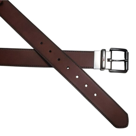 New Tommy Hilfiger Belt Brown Mens XL Gunmetal Buckle Synthetic Leather 1.5" W - Picture 4 of 11